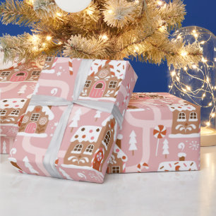 Papel De Regalo Casa de pan de jengibre rosa Pueblo invernal Caña 