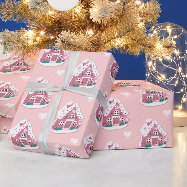 Papel De Regalo Casa de pan de jengibre rosado y corazón (Vacaciones)