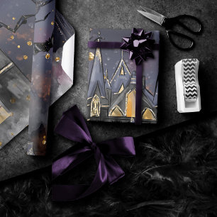 Papel De Regalo Casa embrujada   Árbol y murciélagos de luna llena
