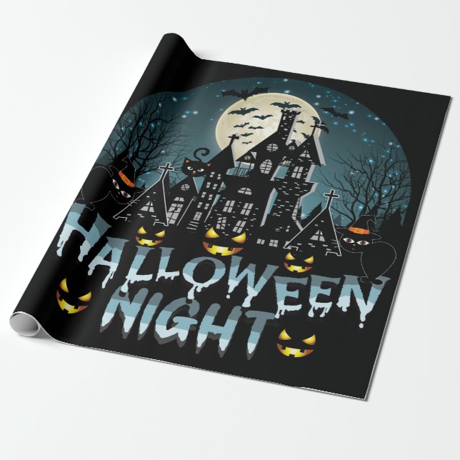 Papel De Regalo Casa embrujada, noche de Halloween de miedo (Desenrollado)