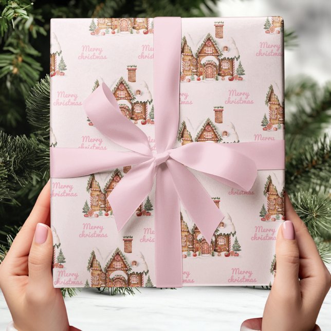 Papel De Regalo Casa Rosada Gingerbread Feliz Navidad (Subido por el creador)