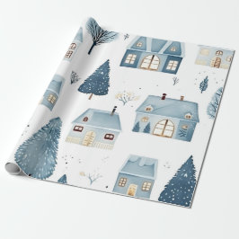 Papel De Regalo Casa y árboles de Navidades azules