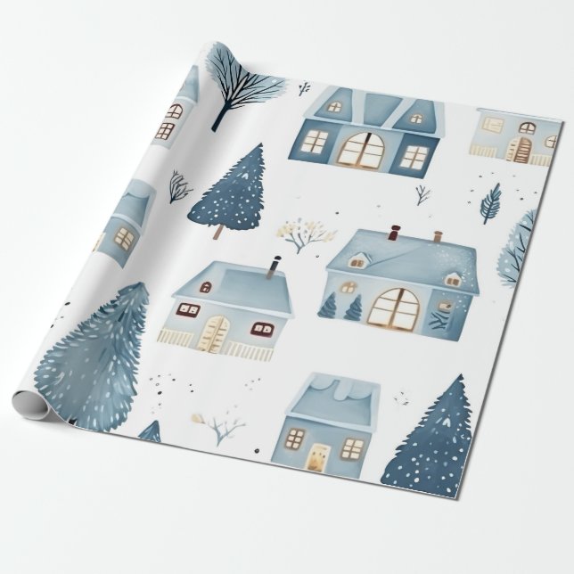 Papel De Regalo Casa y árboles de Navidades azules (Desenrollado)