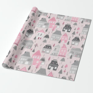 Papel De Regalo Casas Blancas Grises de Navidad sobre Rosa