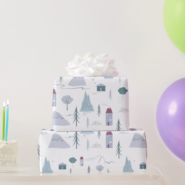 Papel De Regalo Casas Cutas Árboles Montañas Patrón moderno (Regalos de fiesta)