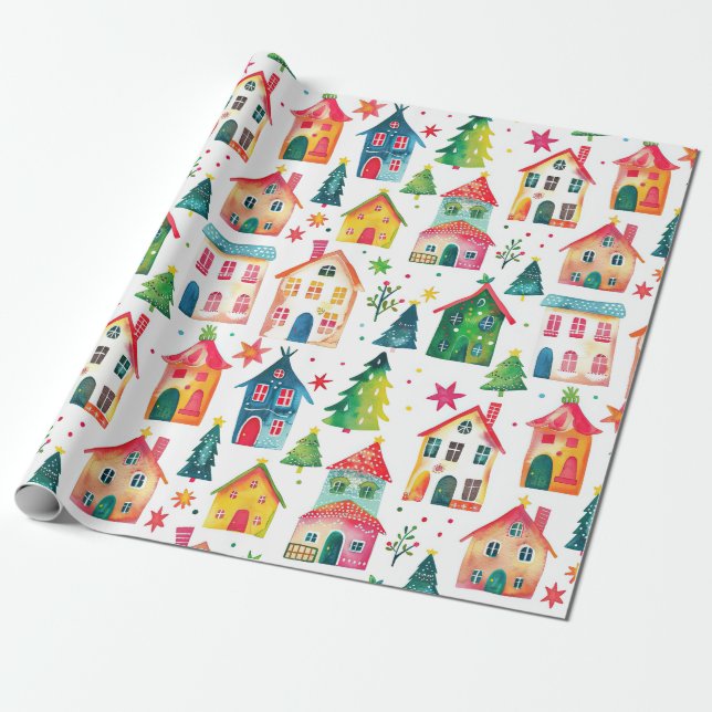 Papel De Regalo Casas de Navidades Cutos (Desenrollado)