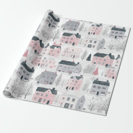 Papel De Regalo Casas de Navidades grises rosados en blanco