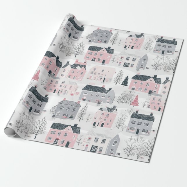 Papel De Regalo Casas de Navidades grises rosados en blanco (Desenrollado)