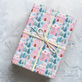 Papel De Regalo Casas de Navidades rosados nevados