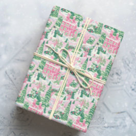 Papel De Regalo Casas de Navidades verdes y rosas nevadas