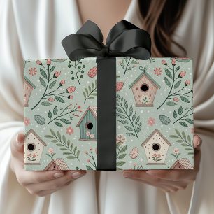 Papel De Regalo Casas de pájaros vintage pastel con flores en flor