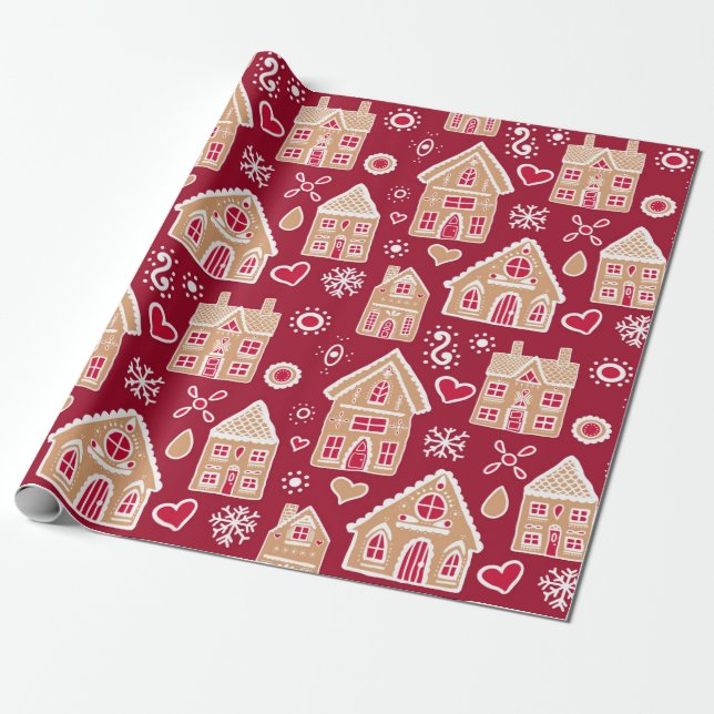Papel De Regalo Casas de pan de jengibre en rojo (Desenrollado)