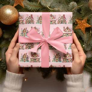 Papel De Regalo Casas de Pan de Jengibre Rosa Adorables en Pastel