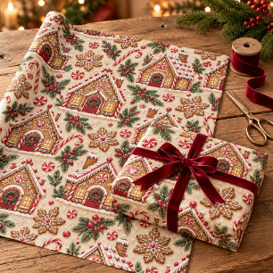 Papel De Regalo Casas de Pan de Jengibre y Navidad de Menta