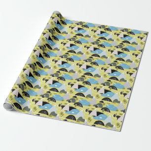 Papel De Regalo Casas escandinavas, árboles, patrones de montañas.