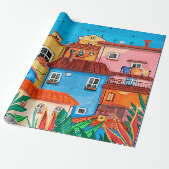 Papel De Regalo Casas italianas. Mano de Gouache (Desenrollado)