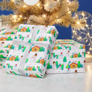 Papel De Regalo Casas y árboles de Navidad vintage de invierno con