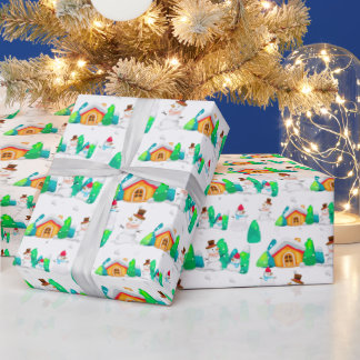 Papel De Regalo Casas y árboles de Navidad vintage de invierno con