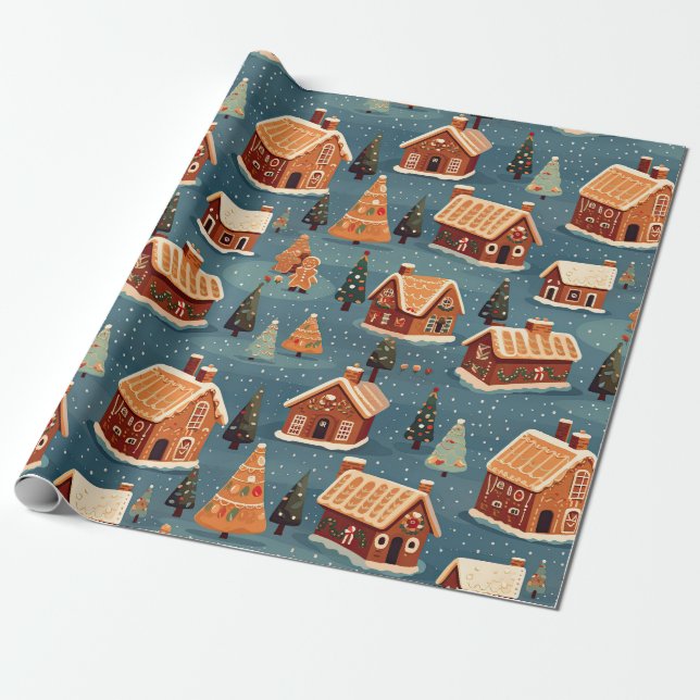 Papel De Regalo Casas y árboles de pan de jengibre (Desenrollado)