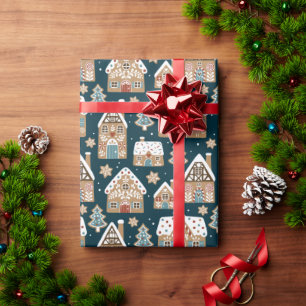 Papel De Regalo Casas y galletas de jengibre lindas Navidad azul 