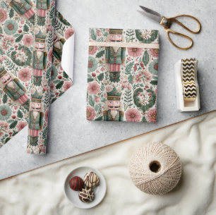 Papel De Regalo Cascanueces festivo en rosa y verde