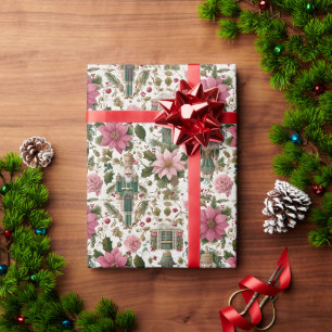 Papel De Regalo Cascanueces verde con flores navideñas