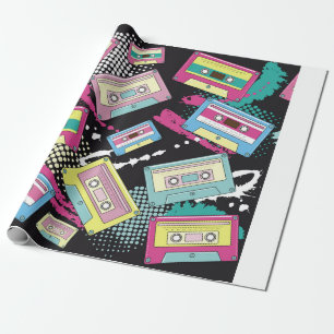 Papel De Regalo Casetes multicolor sobre una costura de fondo negr