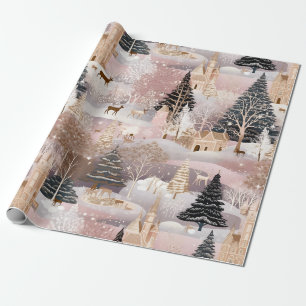 Papel De Regalo Castillo de Fantasía de Ciervo de Invierno Rosa (1