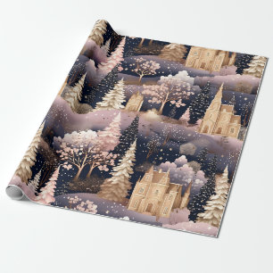 Papel De Regalo Castillo de Fantasía Paisaje Ciervo Invierno Rosa
