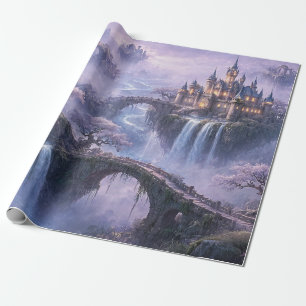 Papel De Regalo Castillo de Fantasía Paisaje Surrealista Azul Lava
