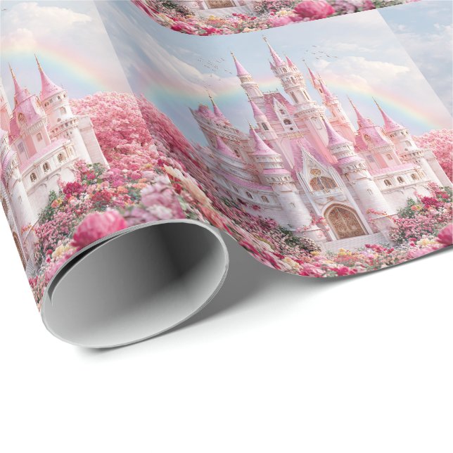 Papel De Regalo Castillo de la Princesa Rosa Nubes de Arcoíris (Esquina del rollo)