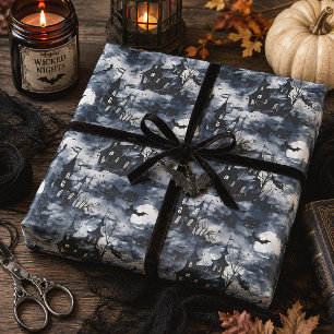 Papel De Regalo Castillo Embrujado Luna y Murciélagos Halloween Gó
