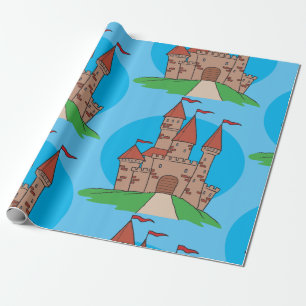 Papel De Regalo Castillo Medieval en Colina con Banderas Rojas