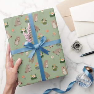 Papel De Regalo Castores y hojas de nenúfar sobre verde claro