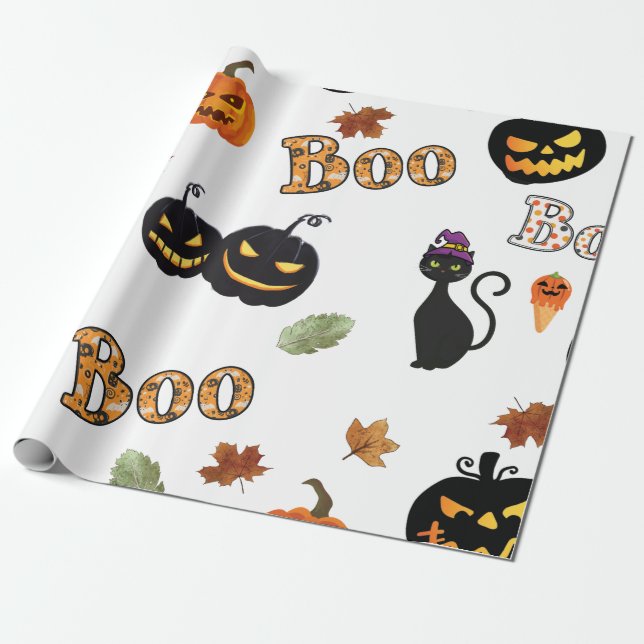 Papel De Regalo Cat Boo Halloween (Desenrollado)