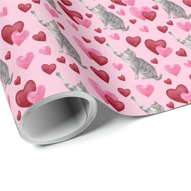 Papel De Regalo Cat Hearts Valentine Gift Wrapping Paper - Pink (Esquina del rollo)
