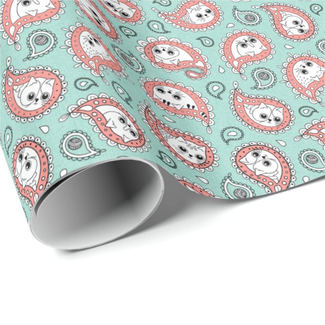 Papel De Regalo Cat Paisley - Coral and Mint (Esquina del rollo)