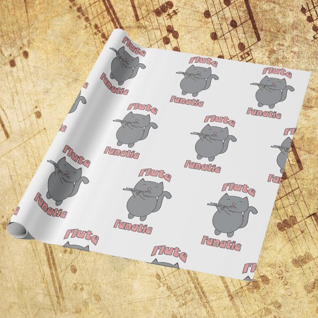 Papel De Regalo Cat Playing Flute Fanatic Funny Music Lover (Wrapping paper featuring a gray cat playing the flute and the words flute fanatic.)