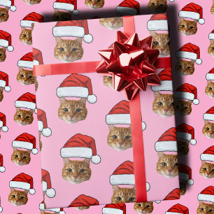 Papel De Regalo Cat Santa Hat   Navidades rosados con foto de cara