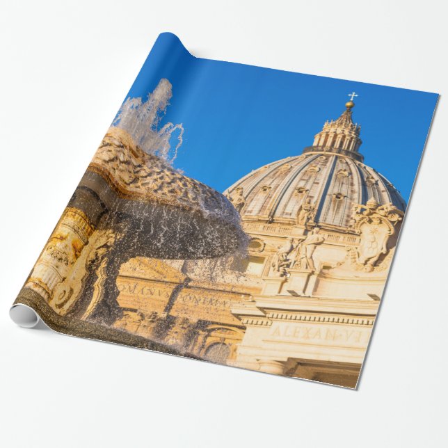 Papel De Regalo Catedral y fuente de San Pedro Roma Italia (Desenrollado)