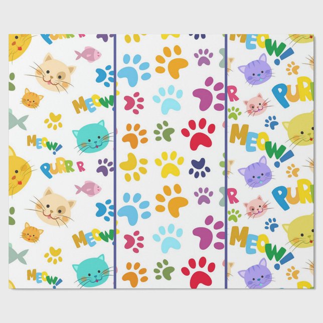 Papel De Regalo Cats Meow (A vibrant and playful cartoon pattern featuring an array of colorful cat faces, paw prints.)