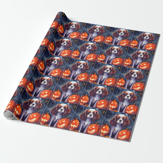 Papel De Regalo Cavalier de Halloween King Charles Spaniel (Desenrollado)