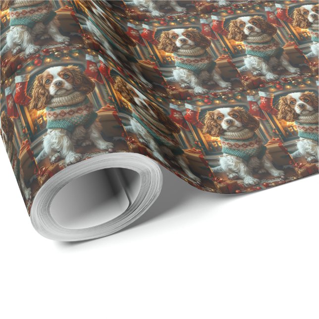 Papel De Regalo Cavalier King Charles Spaniel con regalos de Navid (Esquina del rollo)