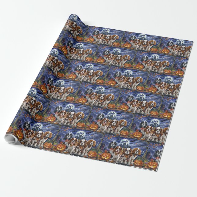 Papel De Regalo Cavalier King Charles Spaniel Halloween Espeluznan (Desenrollado)