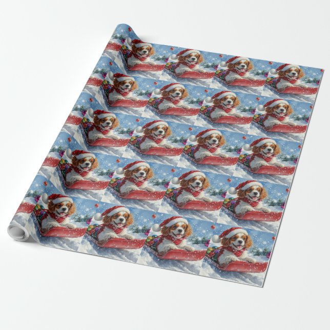 Papel De Regalo Cavalier King Charles Spaniel Trineo Navidad (Desenrollado)