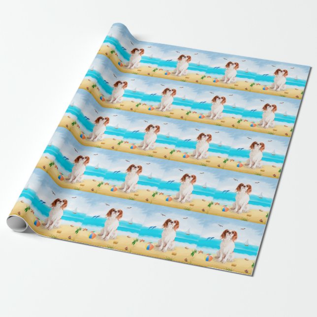 Papel De Regalo Cavalier King Dog en la playa (Desenrollado)