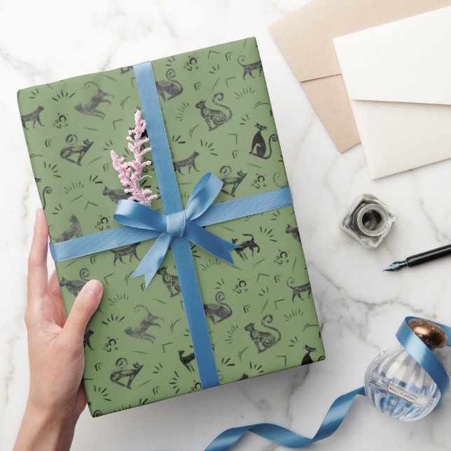 Papel De Regalo Cave Art Cats on Green (Regalar)
