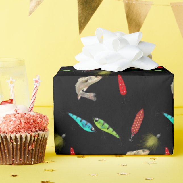 Papel De Regalo Cebos de Pesca Con Pescado Sobre Fondo Negro (Fiesta de cumpleaños )