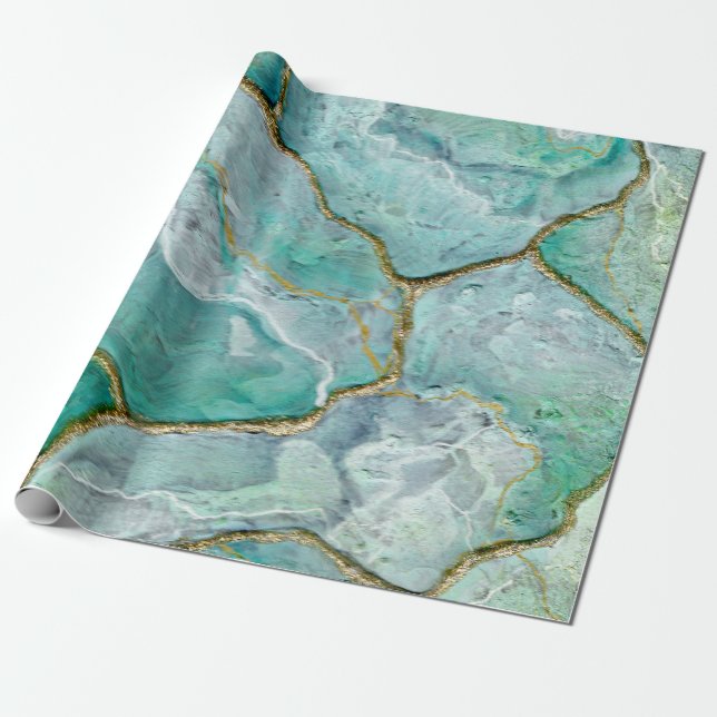 Papel De Regalo Celadon Green, Jade, Mint Kintî Geode (Desenrollado)