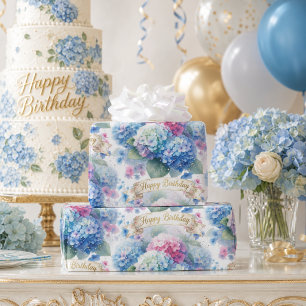 Papel De Regalo Celebración de Cumpleaños con Hortensia Azul Elega